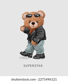 superstar slogan with cute brown bear doll in leather jacket vector illustration