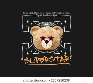 superstar slogan typography with bear doll with star eyes on black background for streetwear and urban style t-shirts design, hoodies, etc