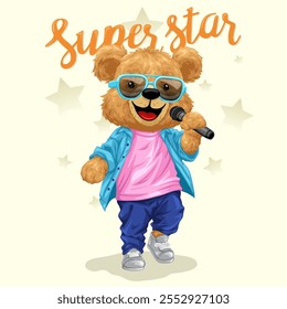 Superstar Teddy Bear Singing with Microphone in Trendy Outfit, vector illustration