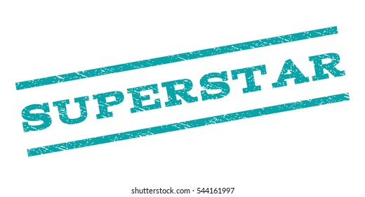 Superstar watermark stamp. Text tag between parallel lines with grunge design style. Rubber seal stamp with dust texture. Vector cyan color ink imprint on a white background.