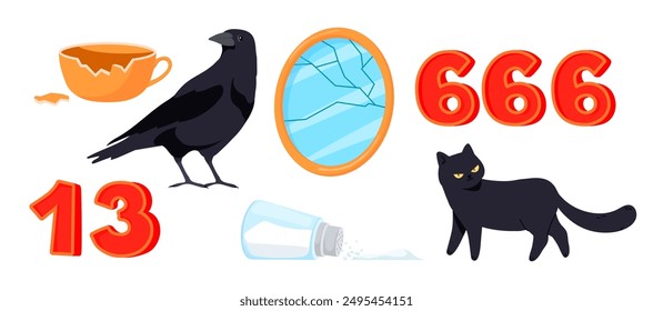 Superstition concept. Bad luck symbols omens misfortune signs, fortune beliefs unlucky superstitions shattered mirror broken cup black cat raven friday 13 666 vector illustration authors graphics