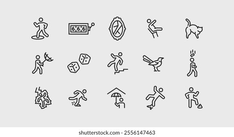 Superstition icons. Set of 15 superstition trendy minimal icons. Mirror, Ladder, Black Cat, Horseshoe, Number 13 icon. Design signs for web page, mobile app, packaging design. Vector illustration.