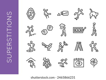 Superstition icons. Set of 20 superstition trendy minimal icons. Mirror, Ladder, Black Cat, Horseshoe, Number 13 icon. Design signs for web page, mobile app, packaging design. Vector illustration.