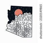Superstition Mountains desert of Arizona in the night mono line vector illustration