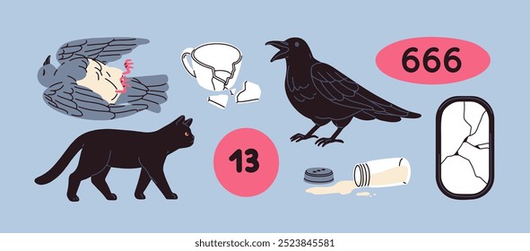 Superstition symbols, bad luck bringers set. Unlucky signs, black cat, crow, raven, numbers 13 and 666, broken mirror and cup, spilled salt, dead bird. Misfortune warnings. Flat vector illustrations