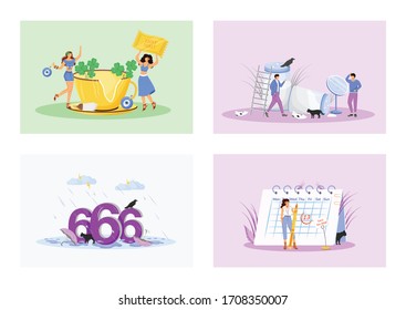 Superstitions flat concept vector illustrations set. Good and bad luck metaphors. Superstitious people 2D cartoon characters. Positive symbols, lucky amulets. Unfortunate numbers and misfortune signs