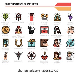 Superstitious beliefs icon set for website, presentation, book.