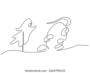 Superstitious cartoon man got scared of the ghost and runs away from him. Editable vector minimalistic black and white image made in continuous one-line art technique