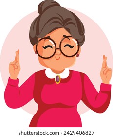 
Superstitious Granny Holding her Fingers Crossed Vector Character. Optimistic granny feeling excited and praying with hope
