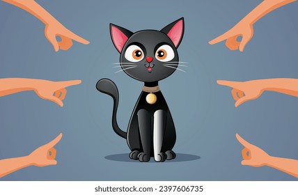 
Superstitious People Blaming a Black Cat for Bad Luck Illustration. Humans blaming a kitty for being unlucky having problems
