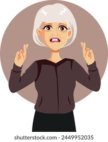 
Superstitious Senior Woman Holding Fingers Crossed Vector Character. Granny trusting in wired believes due to superstition 
