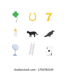 Superstitious Symbols Flat Color Vector Objects Set. Various Good And Bad Luck Signs 2D Isolated Cartoon Illustrations On White Background. Four Leaf Clover, Lucky Seven, Black Cat And Rabbit Foot