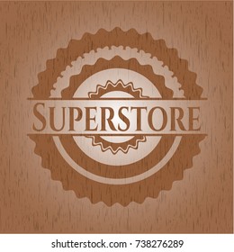 Superstore badge with wood background