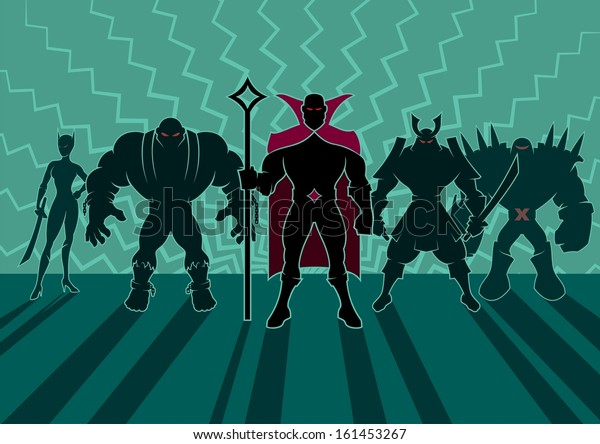 Supervillain Team: Team of superheroes. No\
transparency and gradients\
used.