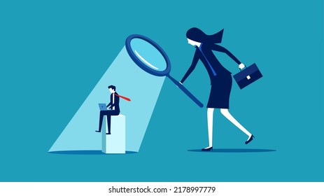 Supervise work. Managers use a magnifying glass to see employees at work