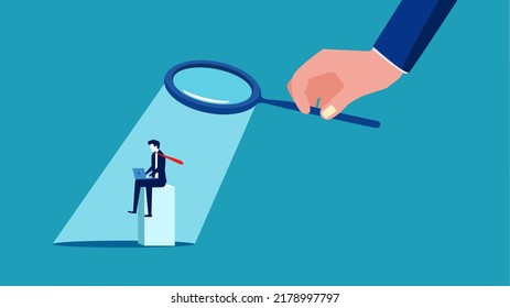 Supervise work. Managers use a magnifying glass to see employees at work