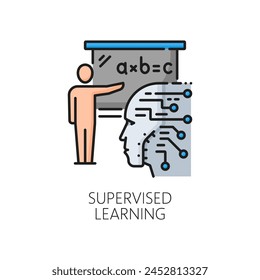Aprendizaje automático de IA supervisado, algoritmo de inteligencia artificial línea icono de color. La tecnología de aprendizaje automático, la innovación de la inteligencia artificial delinean el signo del Vector con la IA haciendo cálculos