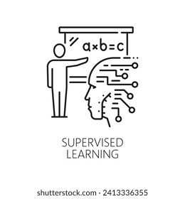 Icono de aprendizaje supervisado, máquina de IA y algoritmo de inteligencia artificial en vector de línea. Inteligencia artificial del cerebro de un robot y tecnología de aprendizaje inteligente mediante control supervisado por el profesor