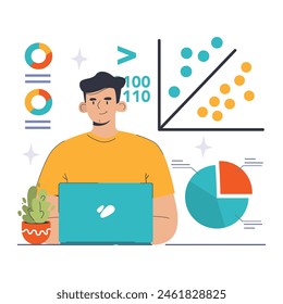 Supervised Learning concept. A focused man engages with machine learning algorithms on his laptop, amidst graphics depicting data classification. Flat vector illustration