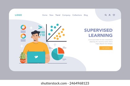 Supervised Learning concept. A focused man engages with machine learning algorithms on his laptop, amidst graphics depicting data classification. Flat vector illustration