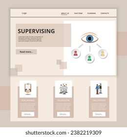 Supervising flat landing page website template. Deal making, delegation, facilitation. Web banner with header, content and footer. Vector illustration.