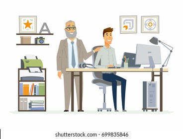 Supervising Staff - vector illustration of a business situation. Cartoon people characters of senior, young men at work. Manager, boss encouraging, tapping on shoulder subordinate, trainee, freshman