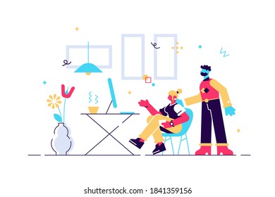 Supervising at work, two colleagues working on a project, guidance and help, management and control