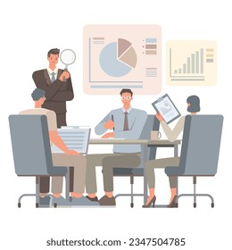 Supervision illustration concept. Business people working in office planning, thinking and economic analysis.Office man and woman character vector design. 