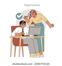 Überwachung im Konzept der Aufgabenübertragung. Mentor beaufsichtigt einen fokussierten Arbeiter und sorgt für Qualität und Anleitung bei der Ausführung von Aufgaben. Vektorillustration.