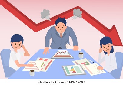 The supervisor was angry with his subordinate because he did not work as intended, causing the stock to fall. The subordinate was scolded by the head. Vector illustration Eps10.