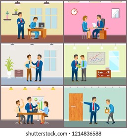 Supervisor of company with novice, boss in office vector. Director monitoring new worker by computer, hiring personnel. Meeting of team and discussion