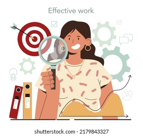 Supervisor concept. Manager guiding employees with their task and coordinating work process. Supervisor tracking business promotion and development. Flat vector illustration