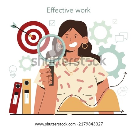 Supervisor concept. Manager guiding employees with their task and coordinating work process. Supervisor tracking business promotion and development. Flat vector illustration