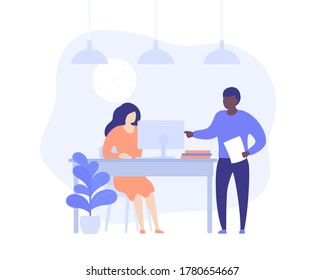 supervisor and employe working at computer, vector illustration