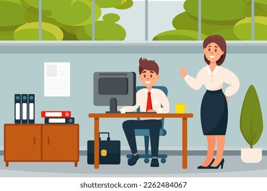 Supervisor manager checking work of office staff and giving advice in office cartoon vector