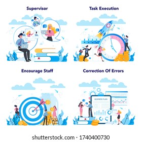 Supervisor manager concept set. Specialist guiding employees with their task, coordinating job, organizing professional trainnig. Manager control job process. Isolated vector illustration