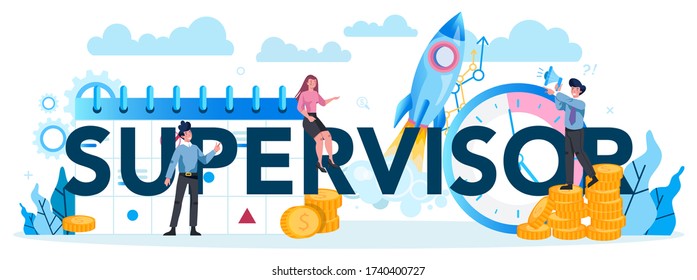 Supervisor manager typographic header. Specialist guiding employees with their task, coordinating job, organizing professional trainnig. Manager control job process. Isolated vector illustration