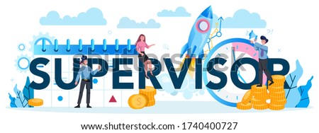 Supervisor manager typographic header. Specialist guiding employees with their task, coordinating job, organizing professional trainnig. Manager control job process. Isolated vector illustration