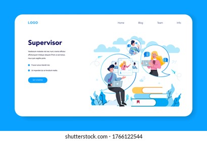 Supervisor manager web banner or landing page. Specialist guiding employees with their task, coordinating job, organizing professional trainnig. Manager control job process. Vector illustration