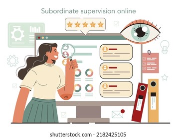 Supervisor online service or platform. Manager guiding employees with their task and coordinating work process. Online subordinate supervision. Flat vector illustration