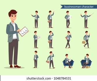 Supervisor Personage. Businessman Character Set. Animate Character. Male Personage Constructor. Different Man Postures. Vector Set Personage.