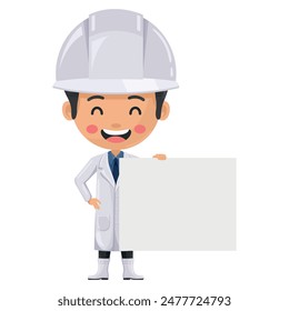 Supervisor smiling  holding a banner with space for text for advertising, presentations, brochures . Food industry engineer. Science, technology and safety in food production and processing