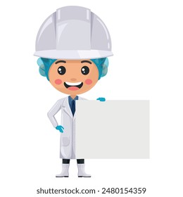 Supervisor smiling  holding a banner with space for text for advertising, presentations, brochures . Food industry engineer. Science, technology and safety in food production and processing