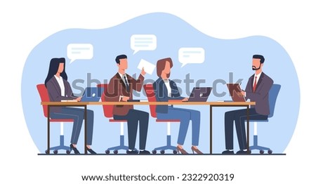 Supervisor takes notes at meeting while listening to employee information. Male and female characters with expert on team brainstorm. Manager in office. Cartoon flat isolated vector concept