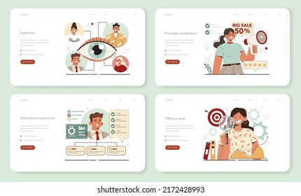 Supervisor web banner or landing page set. Manager guiding employees with their task and coordinating work process. Supervisor tracking business promotion and development. Flat vector illustration