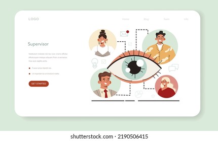 Supervisor web banner or landing page. Manager guiding employees with their task and coordinating work process. Supervisor tracking business promotion and development. Flat vector illustration