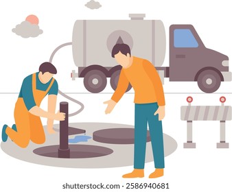 Supervisor and worker busy in Manhole cleaning ongoing suction process concept, city sewage or drainage maintenance vector design, plumbing worker banner, Handyman Services scene HVAC illustration