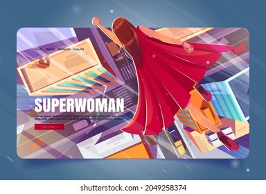 Superwoman cartoon landing page, super hero girl in red cape flying with raised hand in sky above modern city. Powerful female character ready for feat, comic personage flight, Vector web banner