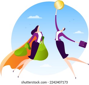 Superwoman character with money vector illustration. Business hero people design, successful person job, manager flying with currency