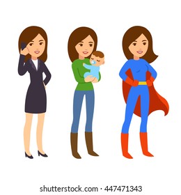 Superwoman Concept. Mom With Baby, Businesswoman On Phone And In Superhero Costume. Funny Life And Work Balance Illustration.